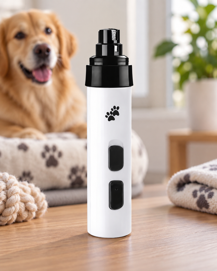 Meuleuse blanche et noire posée sur une table en bois, un golden retriever souriant derrière 1