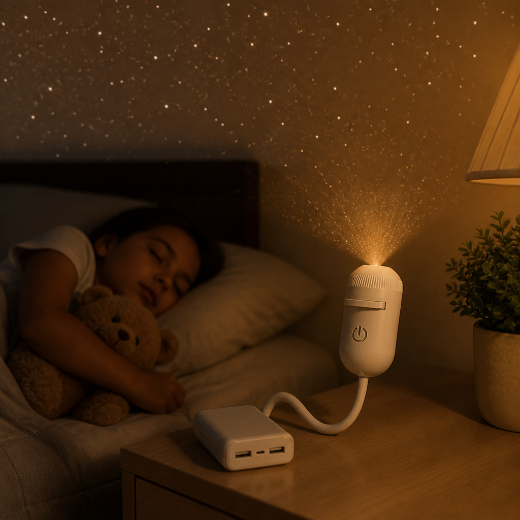 Enfant endormi serrant un ours en peluche dans son lit, le projecteur branché sur une batterie externe diffuse des étoiles au plafond. 4
