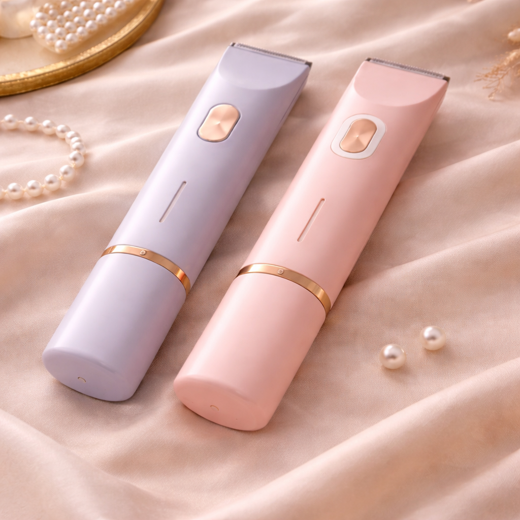 Deux appareils, l'un lilas et l'autre rose, posés sur un tissu satiné beige avec des perles et un plateau doré. 1