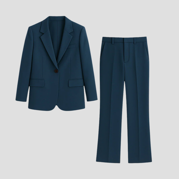 Blazer à un bouton et pantalon évasé bleu pétrole présentés à plat côte à côte 2