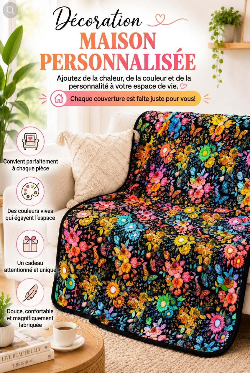 Couverture aux fleurs et papillons colorés sur fond noir, drapée sur un canapé crème dans un salon 2