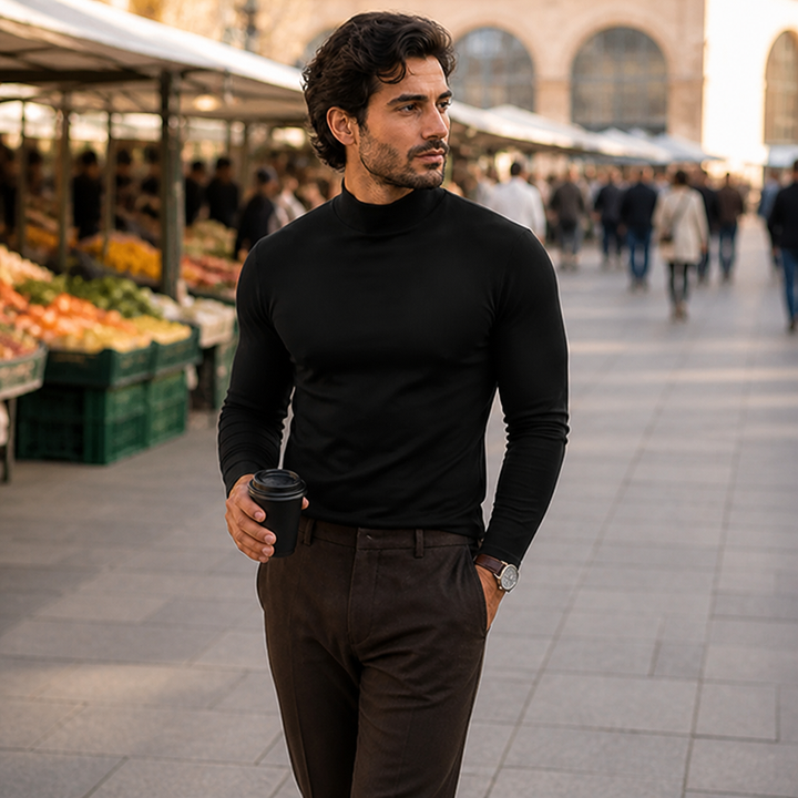 Homme portant le tee noir près d'un marché en plein air, un gobelet de café à la main, en pantalon brun. 2