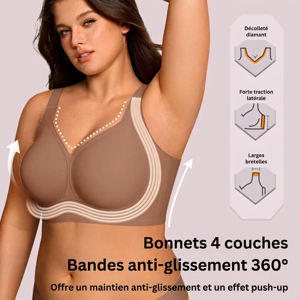 Mannequin bras levé portant le modèle brun, avec pictogrammes sur le décolleté, le maintien latéral et les bretelles 9