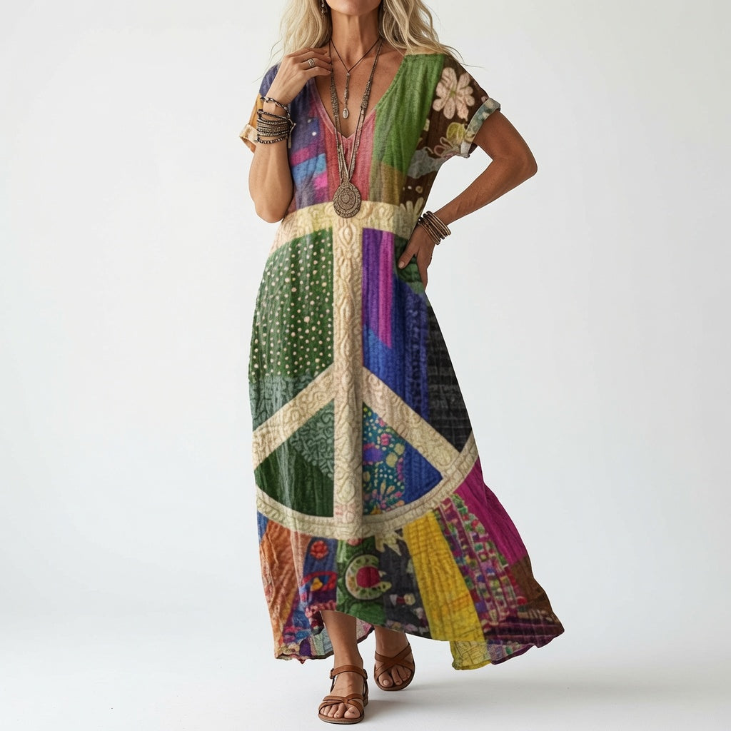 Femme portant la robe à col en V en patchwork coloré, avec un grand symbole de paix beige au centre, sandales marron. 2