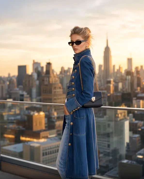 Manteau en denim bleu vu de profil sur une terrasse au coucher du soleil, avec sac noir à chaîne dorée portée à l'épaule. 7