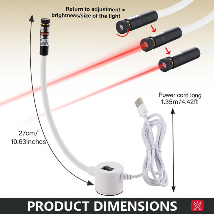 Guide laser avec son câble USB et schéma des dimensions, tête rotative pour régler la taille du faisceau 5