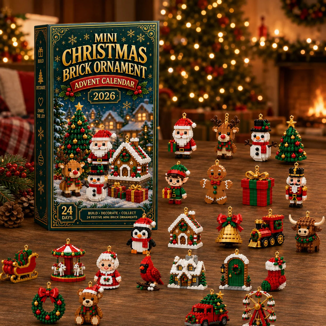 Boîte du calendrier posée devant un sapin illuminé, entourée des 24 figurines de Noël en mini briques disposées sur une table en bois. 2