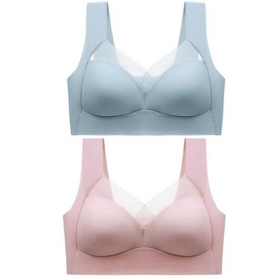 Deux soutiens-gorge présentés à plat, l'un bleu clair et l'autre rose, avec larges bretelles et résille au décolleté. 9
