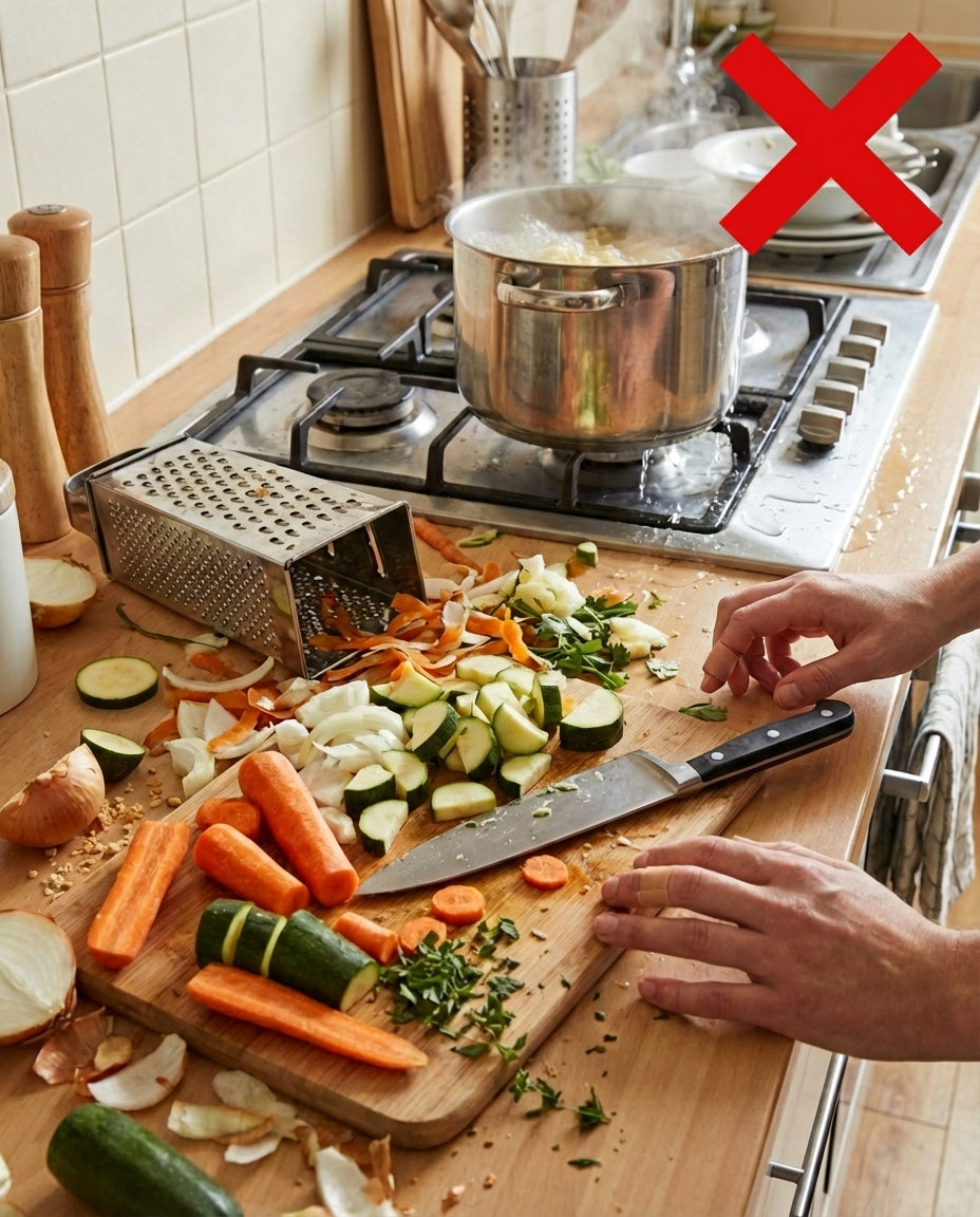 Plan de travail encombré où l'on coupe des légumes au couteau près d'une râpe à main classique, avec une grande croix rouge. 2