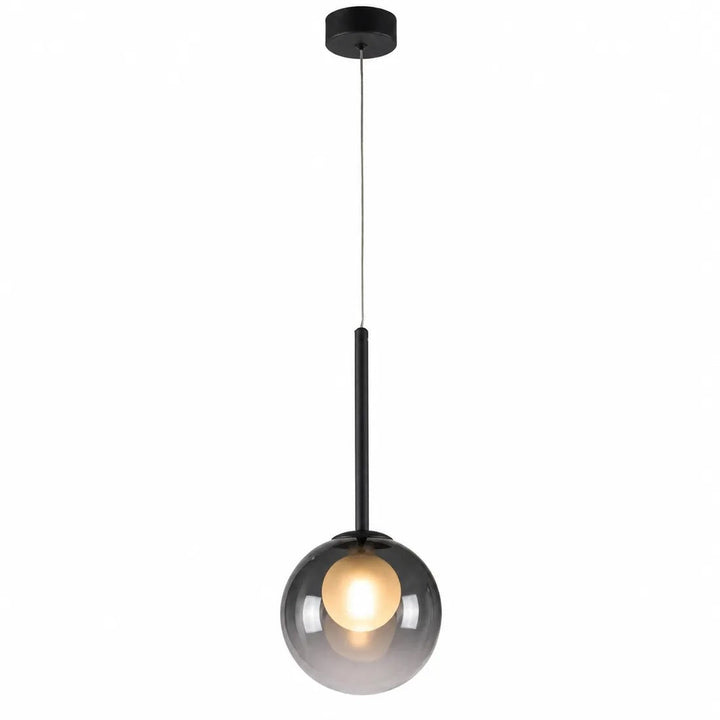Suspension globe en verre gris fumé à tige noire, allumée, sur fond blanc 8