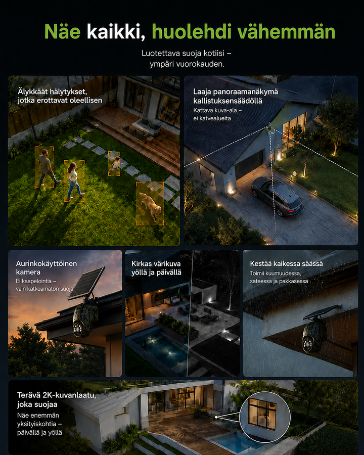 Montage de scènes de jardin, maison et allée montrant détection de personnes, vue panoramique, solaire, vision nocturne, météo et zoom 2K. 4