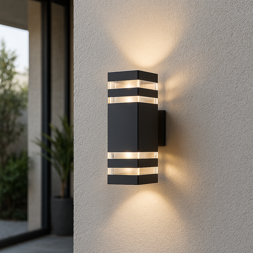 Gros plan de face sur l'applique noire rectangulaire allumée, projetant un faisceau chaud vers le haut et vers le bas sur un mur crépi beige. 1