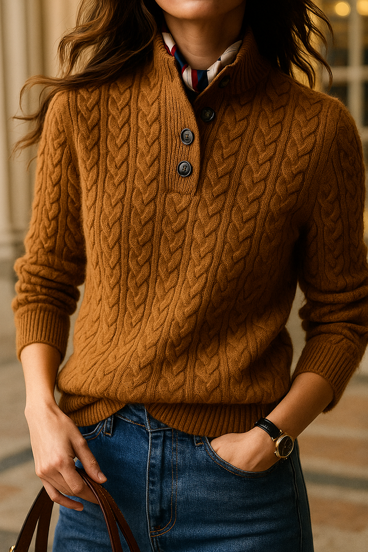 Plan resserré sur le buste d'une femme en pull camel torsadé, trois boutons au col, foulard, jean et sac en cuir. 2