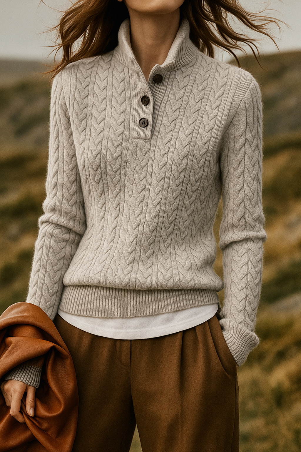 Femme en pull gris clair torsadé à col montant boutonné sur un t-shirt blanc, pantalon marron, veste en cuir sous le bras. 13