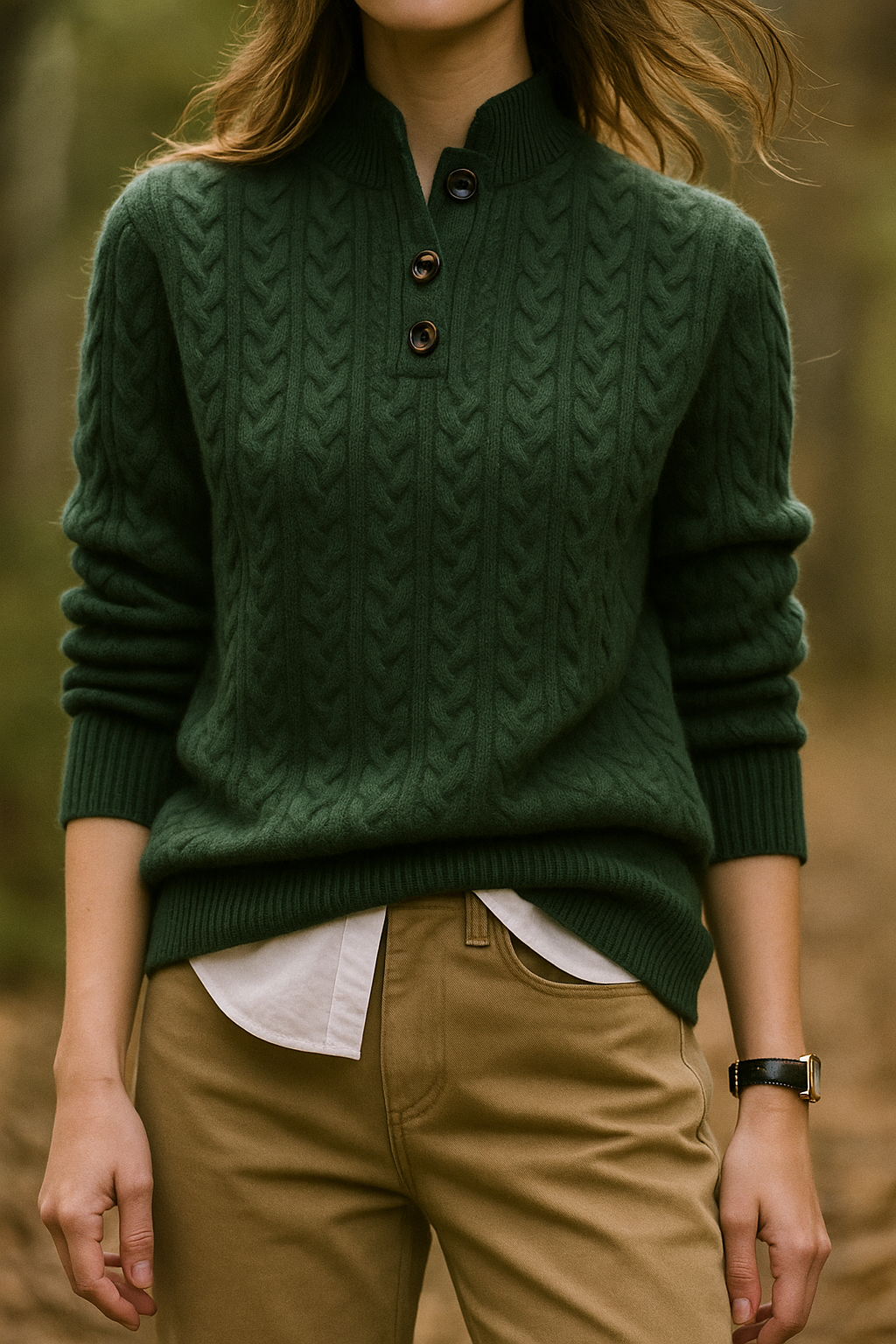 Pull vert foncé torsadé à col boutonné porté avec un pantalon beige et une chemise blanche dépassant, en extérieur. 6