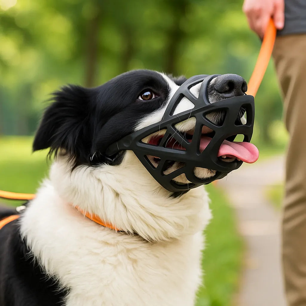 Gros plan sur un border collie noir et blanc portant la muselière noire ajourée, langue dehors, tenu en laisse orange dans un parc. 1