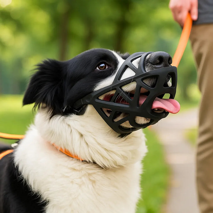 Gros plan sur un border collie noir et blanc portant la muselière noire ajourée, langue dehors, tenu en laisse orange dans un parc. 1