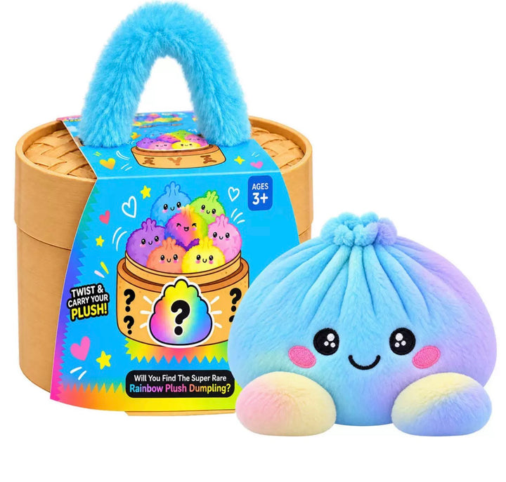 Peluche ravioli dégradé bleu, violet et jaune pastel devant la boîte panier vapeur à anse bleue 10