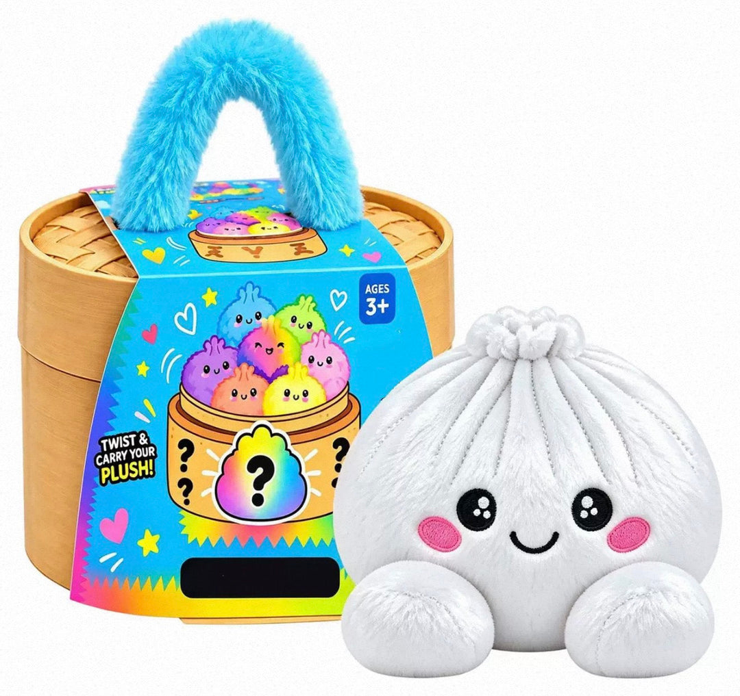 Peluche ravioli blanche aux plis cousus devant la boîte panier vapeur à anse bleue 8
