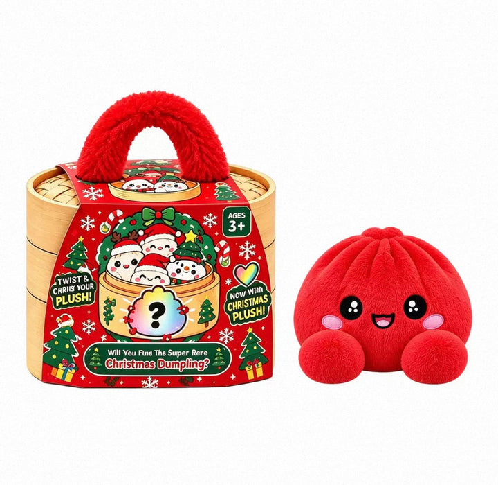 Peluche ravioli rouge vif à bouche ouverte devant la boîte de Noël rouge à anse en fourrure 7