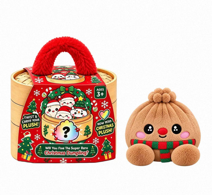 Peluche ravioli marron à nez rouge et écharpe rayée rouge et verte devant la boîte de Noël 17