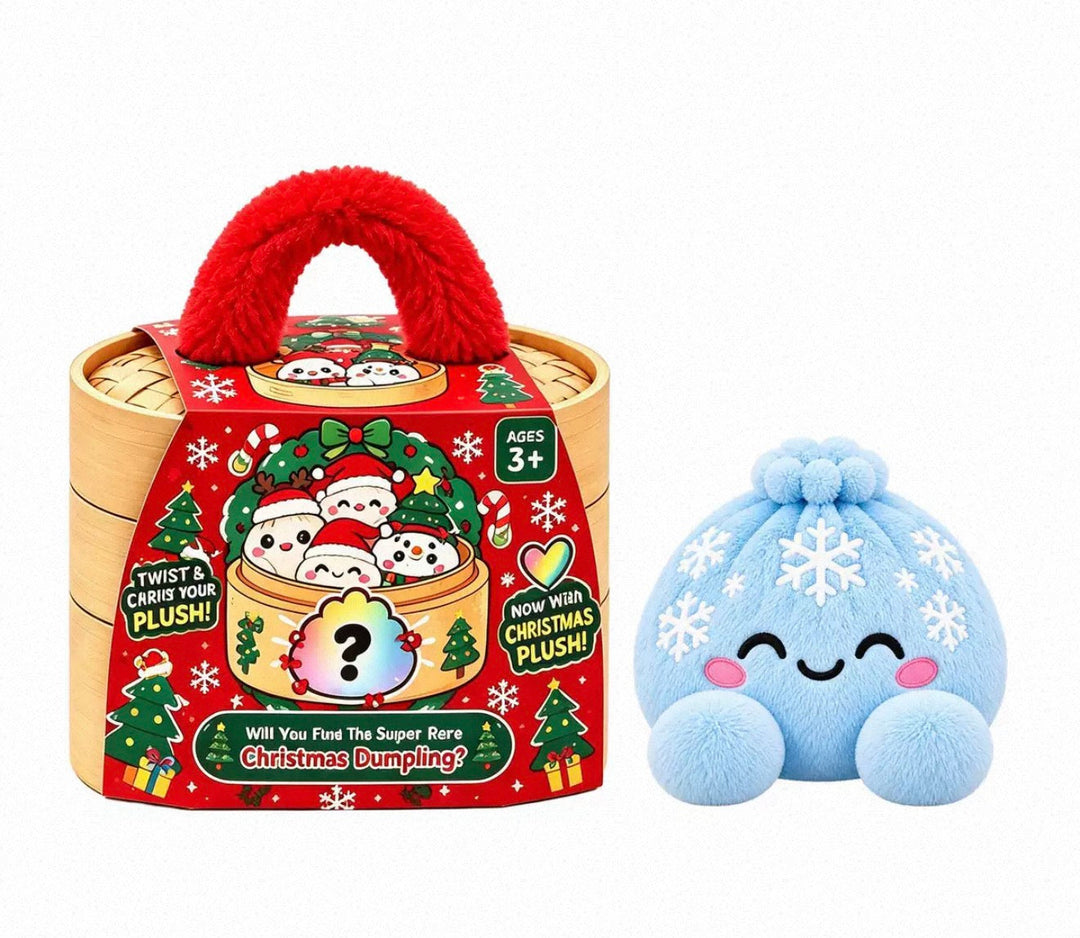 Peluche ravioli bleu clair à flocons de neige blancs devant la boîte de Noël rouge à anse en fourrure 19