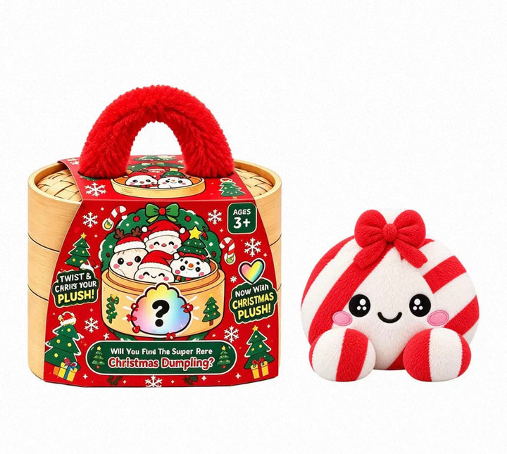 Peluche ravioli rayée rouge et blanc façon sucre d'orge, avec nœud, devant la boîte de Noël 15