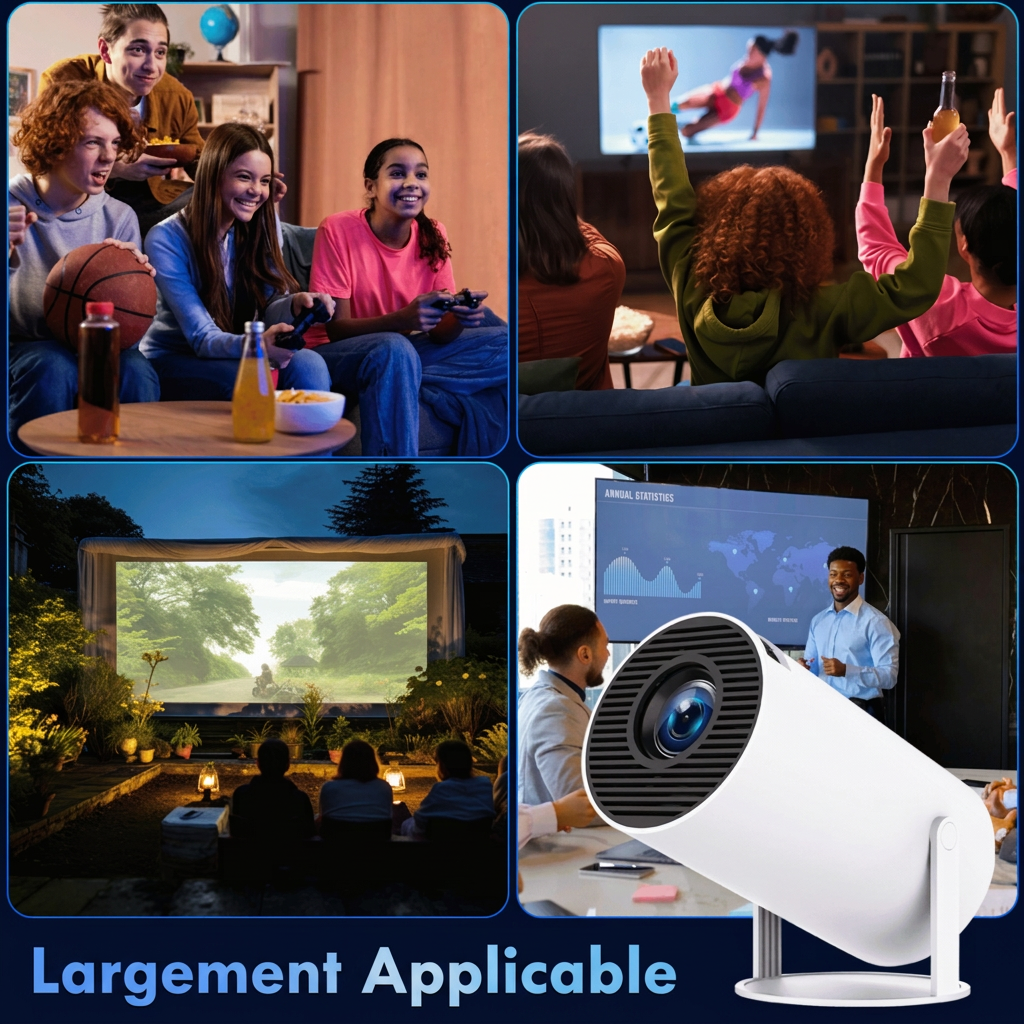 Quatre scènes d'usage: jeux vidéo entre amis, match à la maison, cinéma en plein air, présentation en réunion 13