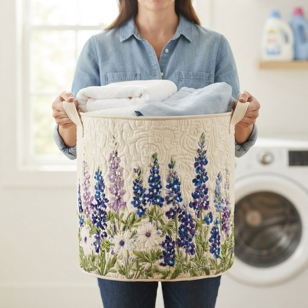 Femme en chemise en jean portant le panier par ses deux poignées en toile, rempli de serviettes blanches, devant un lave-linge. 4