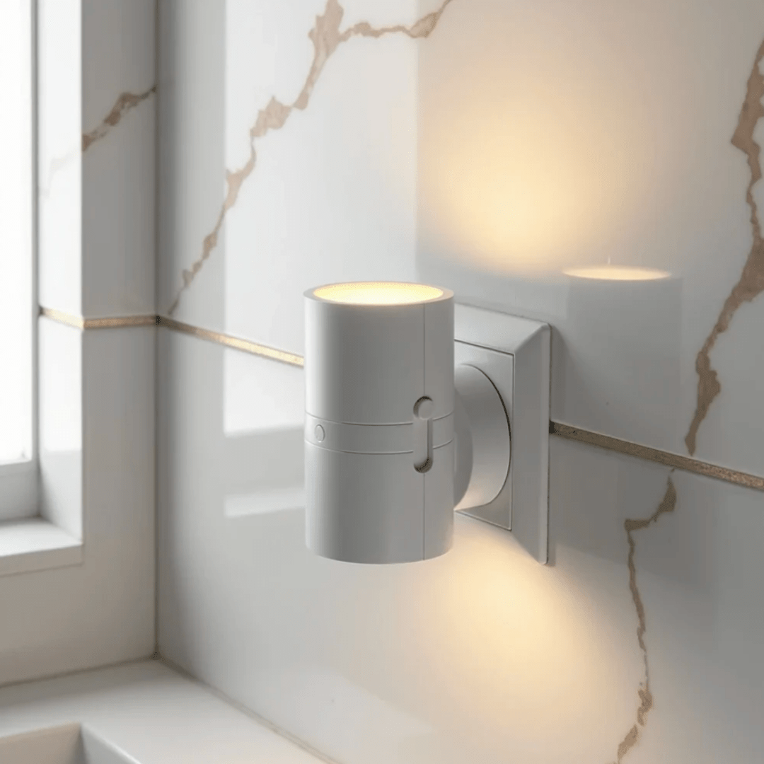 Gros plan de l'applique blanche allumée, branchée sur une prise, avec curseur visible, sur mur en marbre 9