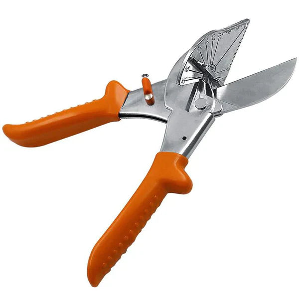 Ciseaux ouverts, lame large et poignées orange écartées, vus de dessus avec la butée d'angle graduée 2