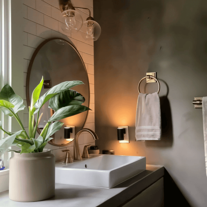 Applique noire allumée près d'un lavabo, d'un miroir rond et d'une plante verte dans une salle de bain 6