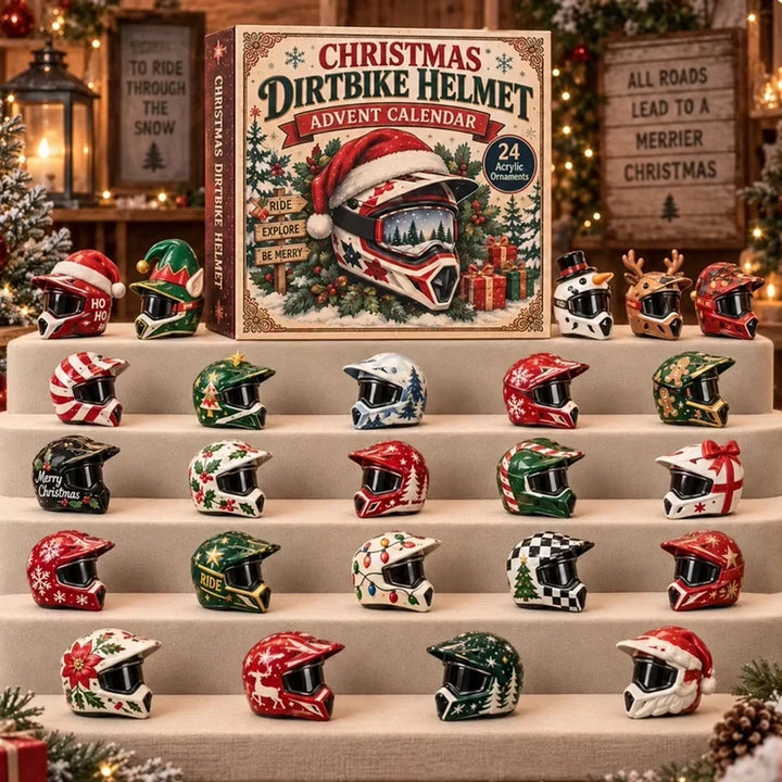 Version casques de moto de Noël: boîte décorée et vingt-quatre casques miniatures festifs en acrylique posés sur des gradins 11