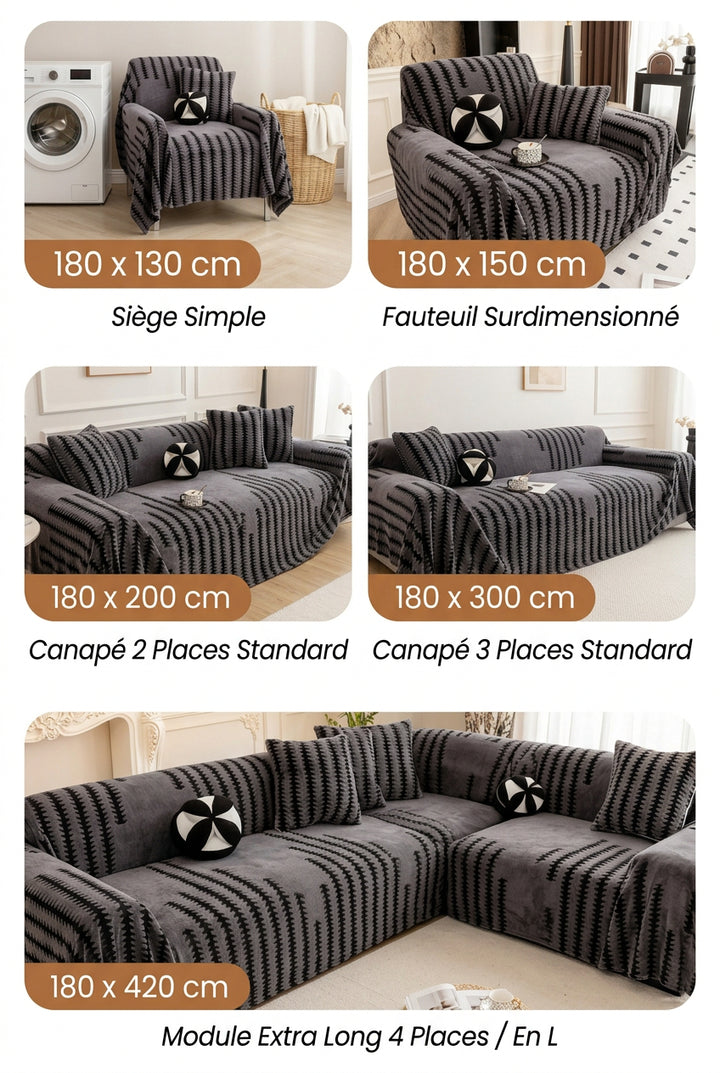 Cinq tailles de housse présentées sur fauteuil, canapé deux places, trois places et canapé d'angle 7