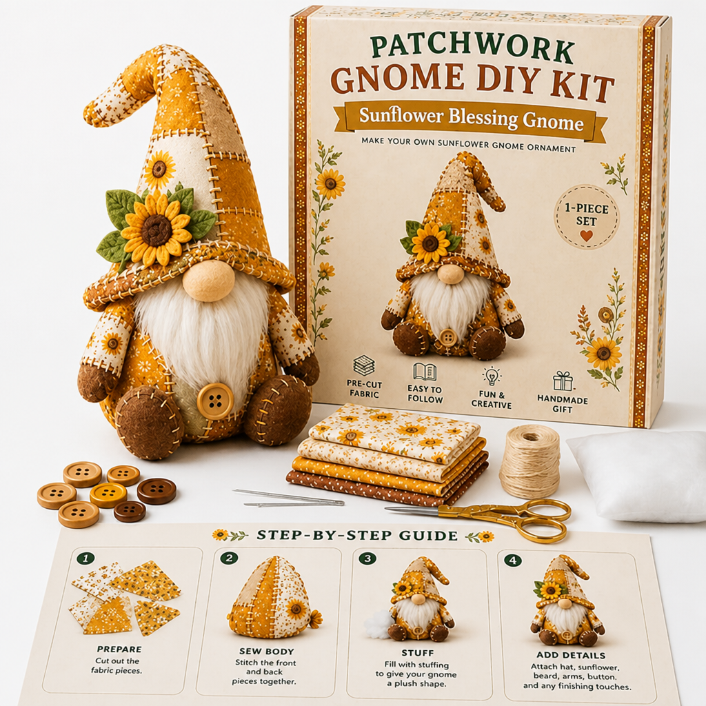 Nain patchwork moutarde orné d'un tournesol en feutrine, boîte du kit, tissus, boutons, ciseaux et guide en quatre étapes 9