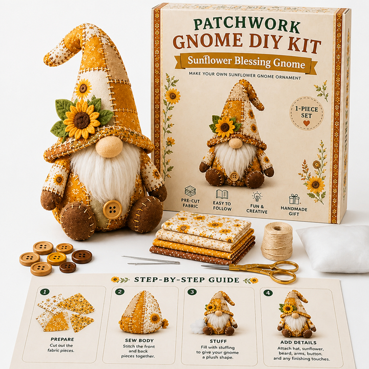 Nain patchwork moutarde orné d'un tournesol en feutrine, boîte du kit, tissus, boutons, ciseaux et guide en quatre étapes 9