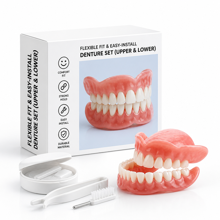 Set complet : boîte, prothèses haute et basse, boîtier de rangement, pince blanche et petite brosse 5