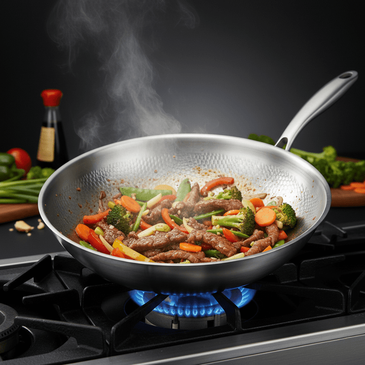 Wok rempli de bœuf et de légumes colorés en train de cuire sur un feu de cuisinière à gaz. 5