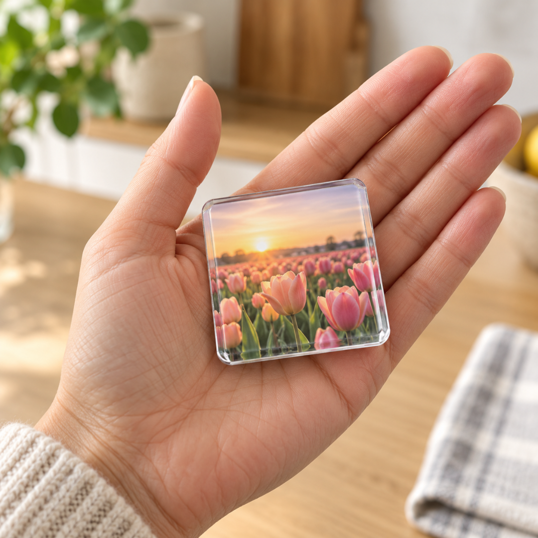 Aimant carré transparent avec un champ de tulipes roses, tenu dans le creux d'une main 6