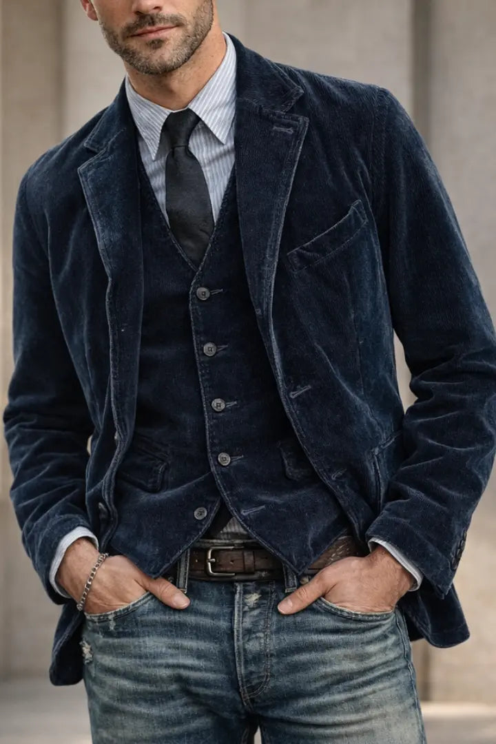 Gros plan sur la veste et le gilet en velours côtelé bleu marine, cravate noire, ceinture en cuir 3