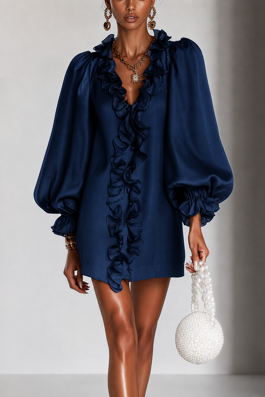 Mannequin en pied portant la robe bleu marine à volants, manches bouffantes aux poignets froncés et sac perlé blanc. 2