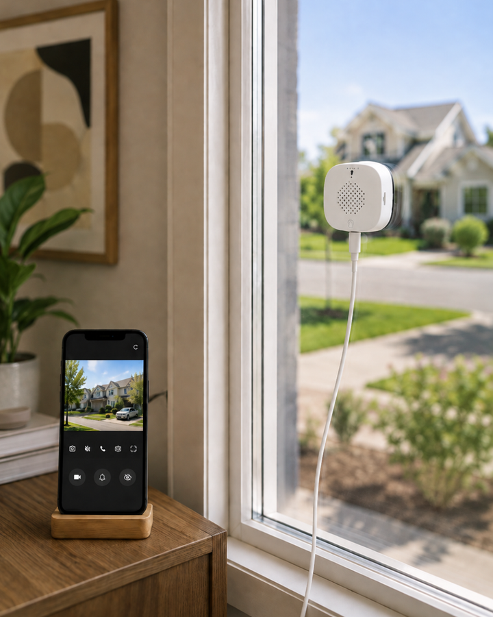 Caméra blanche fixée à la vitre côté intérieur, câblée, avec un smartphone affichant la vue de la rue devant la maison. 2