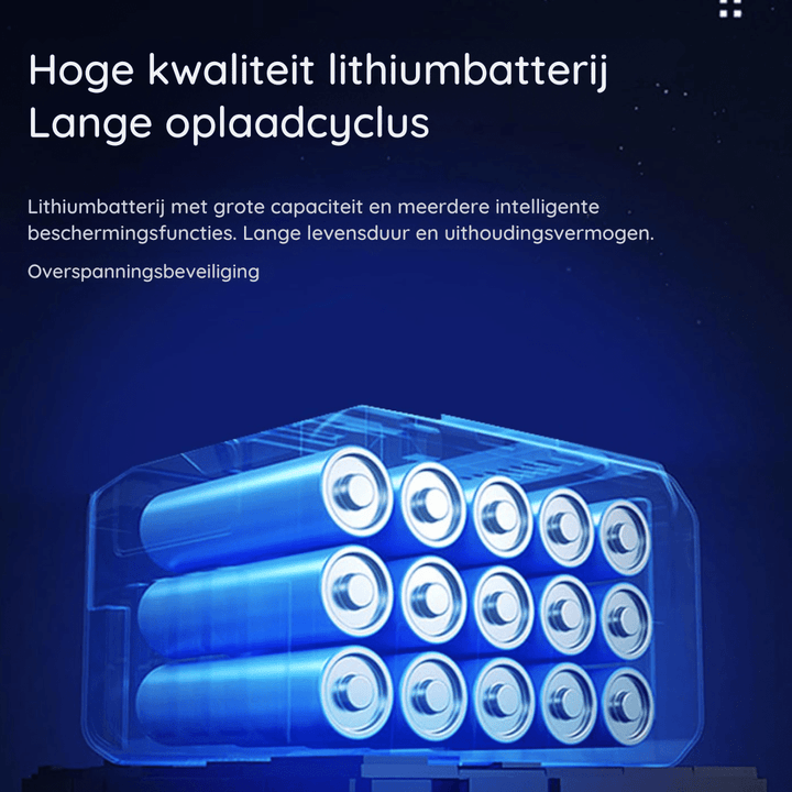 Illustration d'une batterie lithium bleue composée de plusieurs cellules empilées, présentant l'autonomie et la protection de la lampe. 6