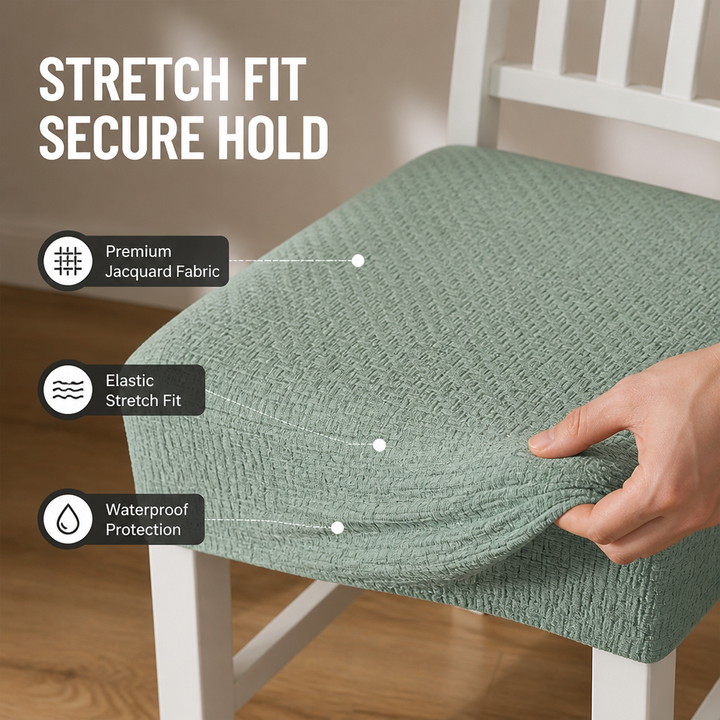 Gros plan d'une housse d'assise verte texturĂ©e sur une chaise blanche, une main tirant sur le bord pour montrer l'Ă©lasticitĂ©. 3