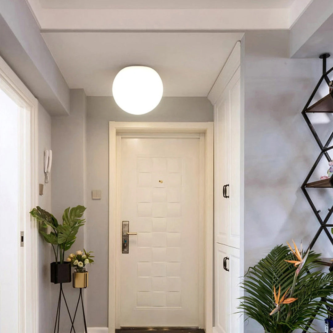 Sphère opale fixée au plafond d'une entrée claire face à une porte blanche, entourée de plantes 5