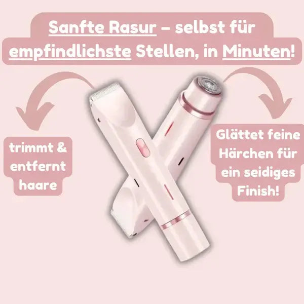 Deux embouts rose croisés en X, une tondeuse pour tailler et une tête de rasage pour lisser les petits poils, sur fond rose. 4