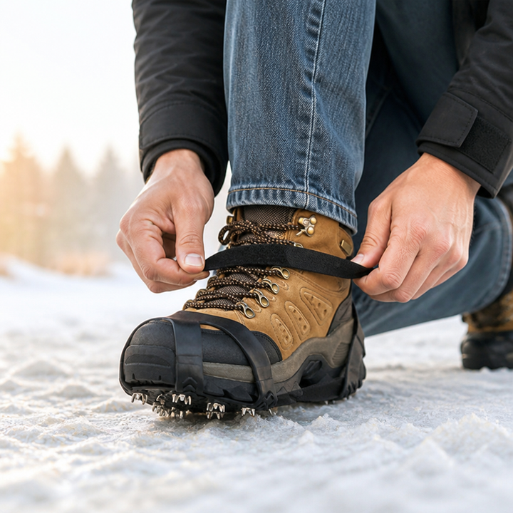 Homme accroupi sur la neige serrant la sangle à scratch des crampons sur sa botte 3