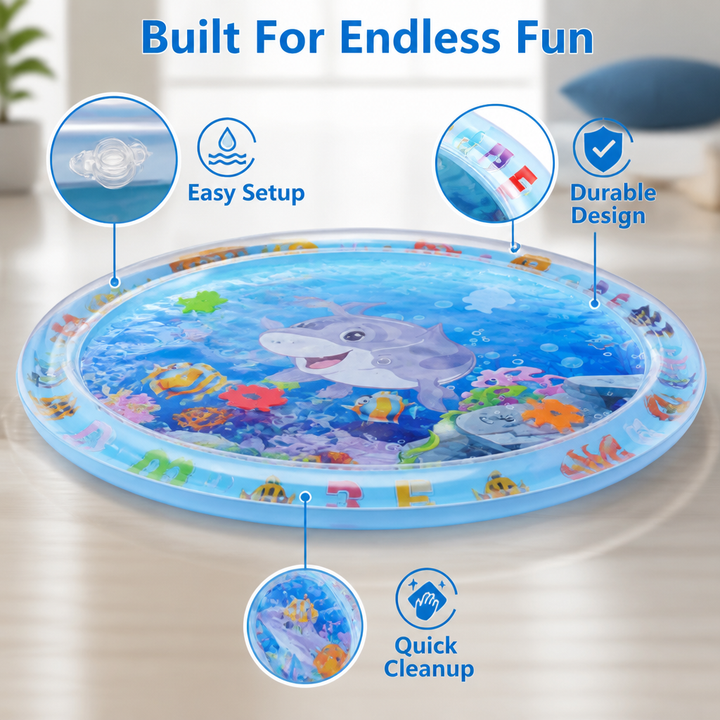 Tapis d'eau rond à décor sous-marin avec dauphin, vu en gros plan avec détails de la valve, du bord et de l'entretien. 3