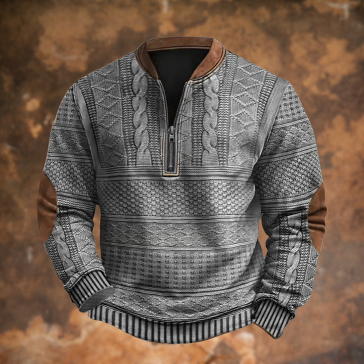 Version gris clair du pull demi-zip à motifs de maille, avec coudières et col marron, vue de face. 5