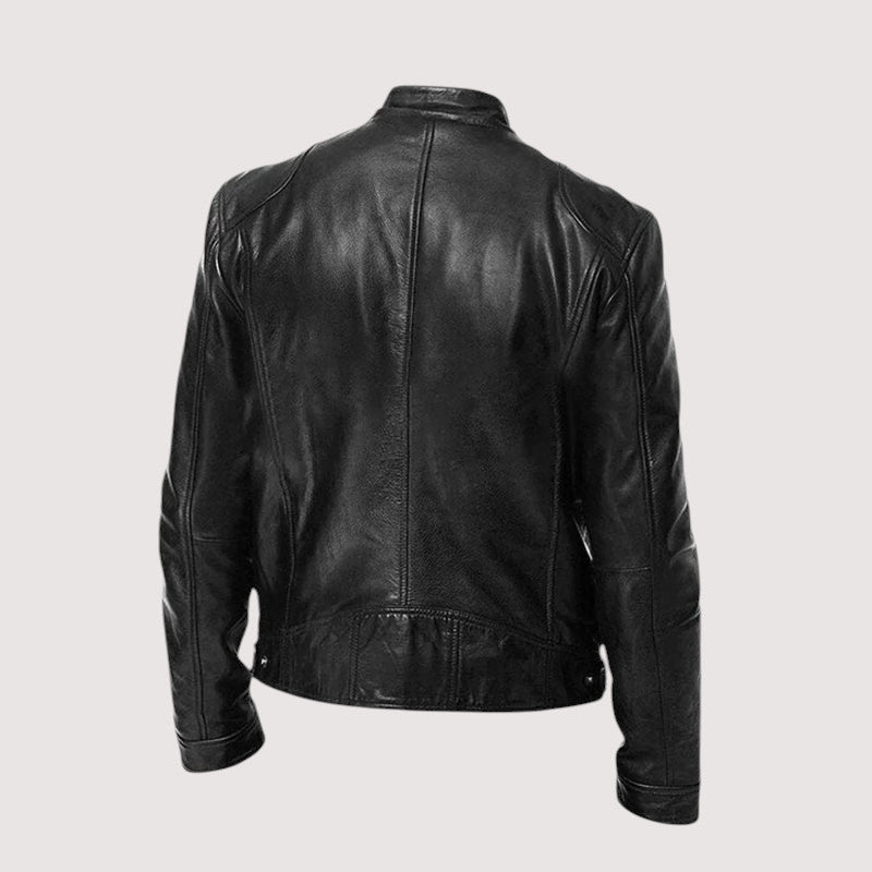 Veste noire vue de dos, avec coutures verticales et ceinture réglable à boutons-pression 3